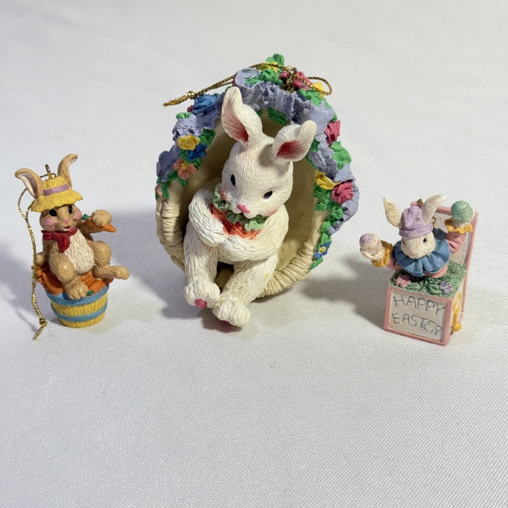 Lot Of 3 Vintage Easter Ornaments Bunny‎ Carrots Happy Easter